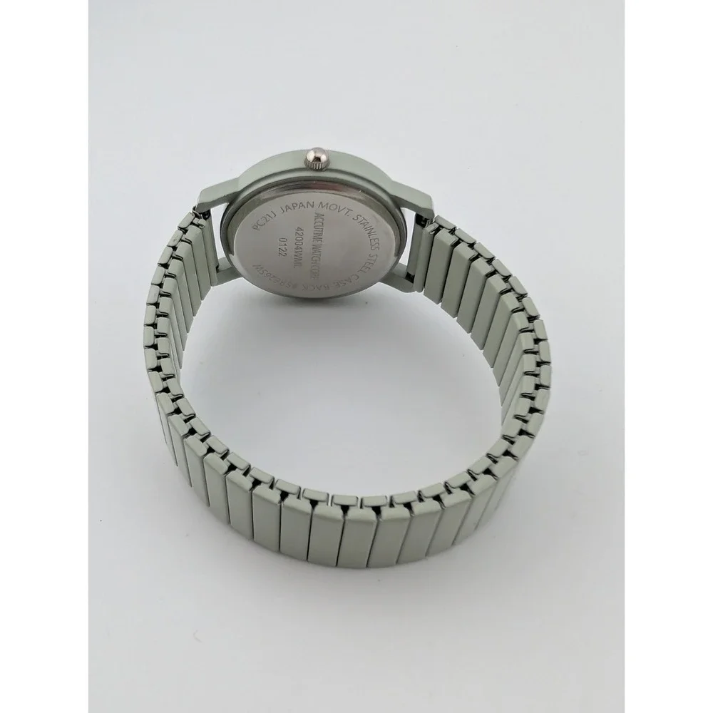 Accutime Watch Women 32mm Case Easy Read Dial Light Green Stretch Band- Working